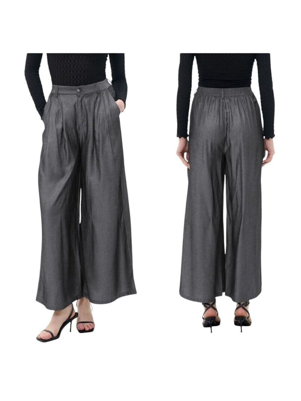 S.Deer Airy Elastic Waist Wide-Leg Chambray Dark Blue Pleated Front Trousers XXL
